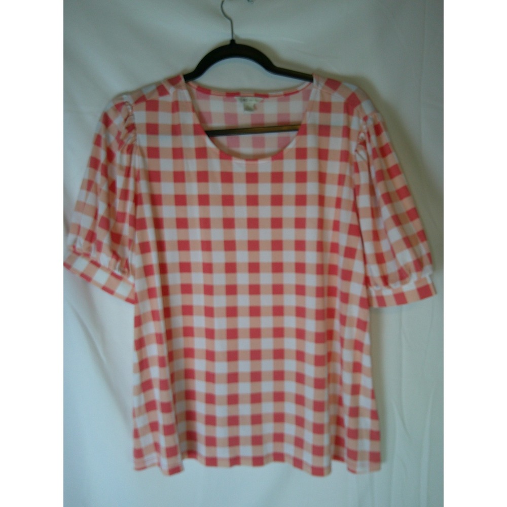 Cato Womens Pink Orange Gingham Puff Short Sleeve Scoop Neck Knit Top Large